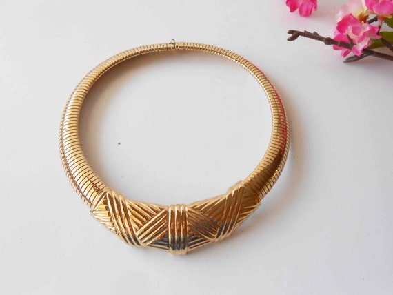 Vintage Goldtone Necklace, 1980s Gold Choker Neck… - image 7