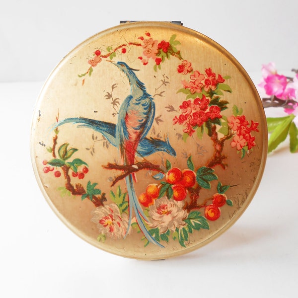 Vintage Compact Peacock Zell Painted Floral Compact Vanity Accessory Boudoir Hollywood Glamour