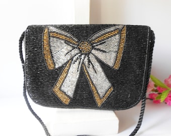 Beaded Holiday Evening Bag, Black, Silver Clutch