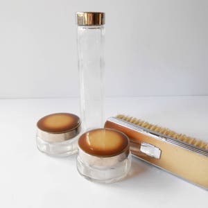 1950s Ladies Vanity Set, Glass Dresser Jars, Silvertone Trim image 3