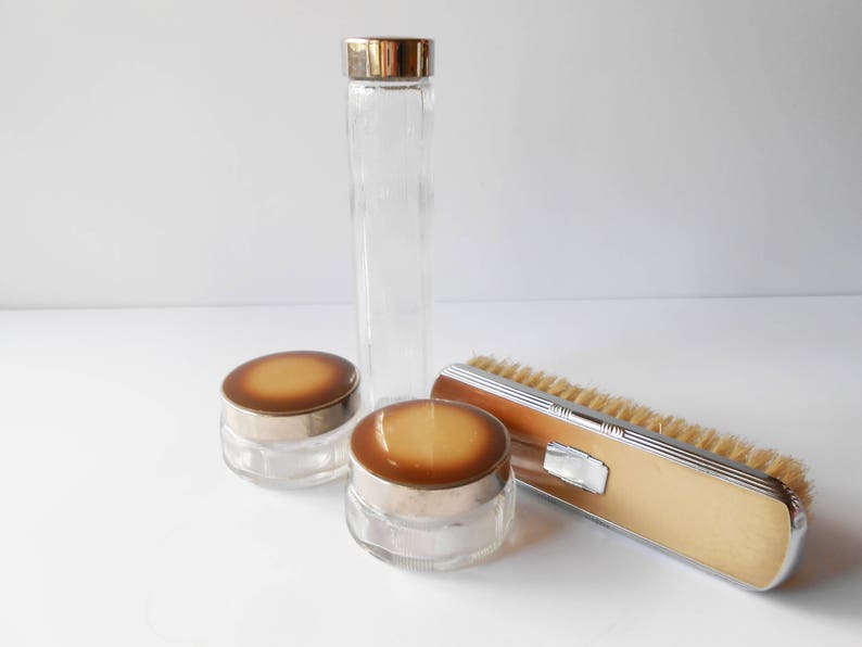 1950s Ladies Vanity Set, Glass Dresser Jars, Silvertone Trim image 3