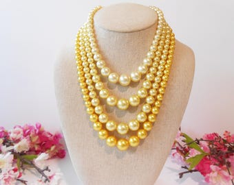 Vintage Four Strand Yellow Pearl Necklace, Cream to Yellow