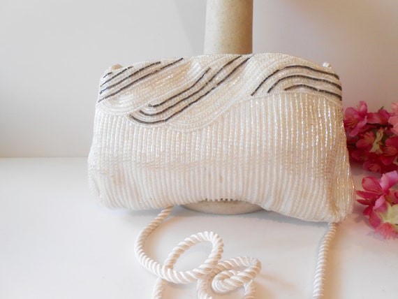 Vintage Iridescent Beaded Wedding Bag, Sparkly Wh… - image 2