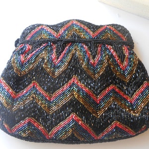 Black Beaded Evening Bag, Vintage Bead Handbag, Clutch Bag with Multi-Color Beading,   EB-0062