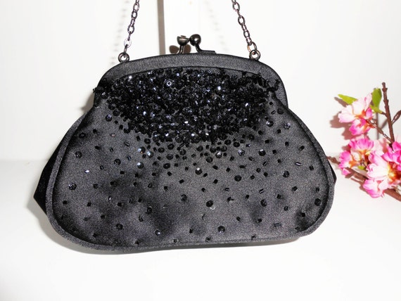 Vintage Black Evening Bag, Vintage Beaded Bag, Sp… - image 2