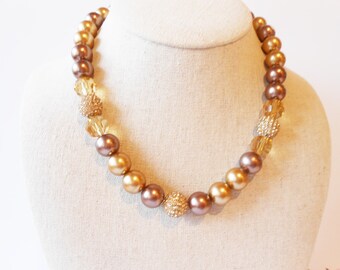 Vintage Pearl Rhinestone Necklace, Gold Copper Pearl Beads