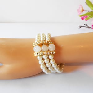 Vintage Triple Strand Pearl Bracelet, White Pearl Wedding Bracelet, Rhinestone and Faux Opal Beads, Jewelry Gift for Her