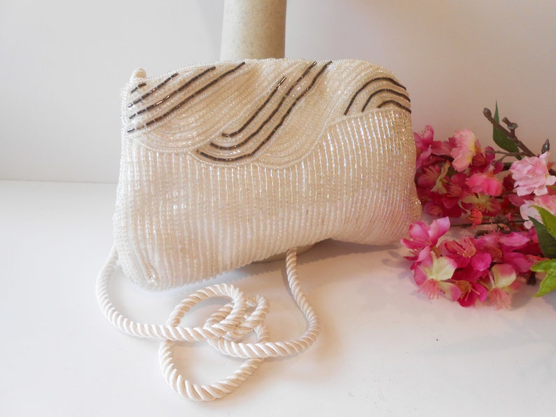 Vintage Iridescent Beaded Wedding Bag, Sparkly White Beaded Clutch, White Bead Brides Purse, White Evening Bag EB-0505 image 6