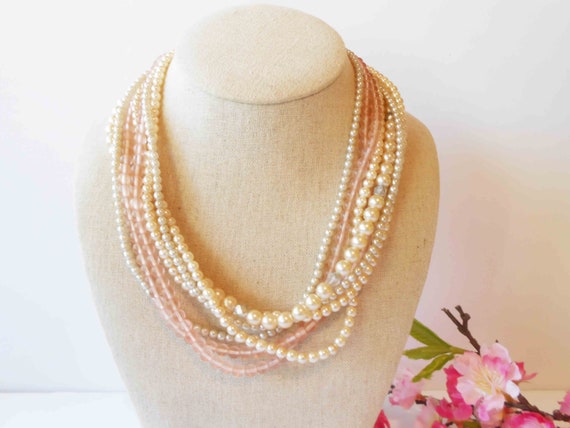 Pearl Necklace Blush Pink Beads, Vintage 80's Pea… - image 4