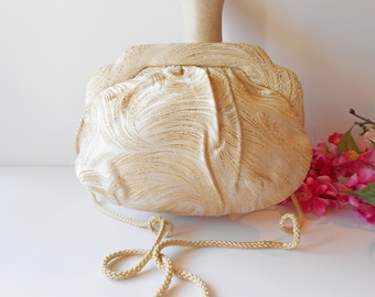 Vintage Gold Metallic Evening Bag, Cream Woven Handbag