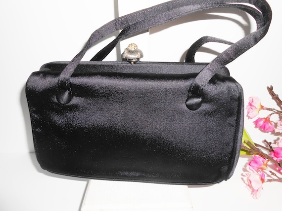 Vintage 1940's Black Bag, Black Evening Bag, Rhin… - image 1