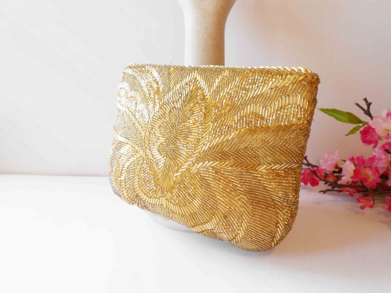 Vintage Gold Beaded Clutch Bag, Sparkly Gold Even… - image 7