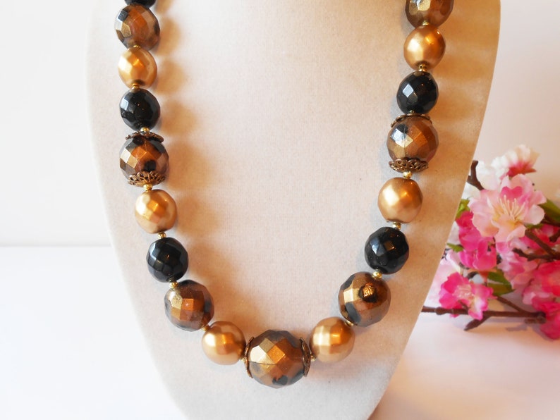 Vintage Gold Black Bead Necklace Glamorous Necklace Single Strand