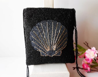 Black Beaded Evening Clutch Bag, Silver Blue Shell Design