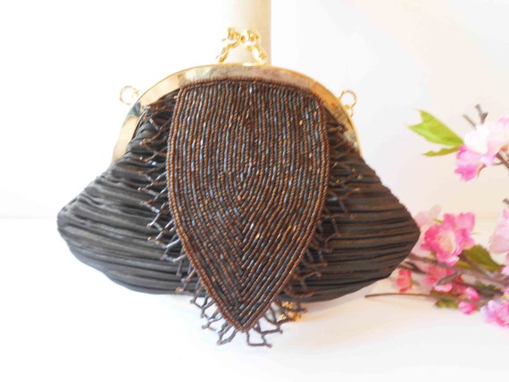 Brown Beaded Evening Bag, Small Beaded Handbag, B… - image 3