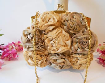 Elegant Floral Clutch Bag, Mocha Taffeta,