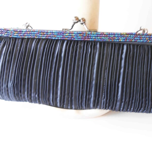 Blue Taffeta Clutch Bag Beaded Trim, Dark Blue Evening Bag Metallic Beading, Special Occasion Bag EB-0550