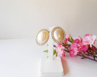 Vintage Faux Pearl Clip On Earrings, Rhinestone Glamour