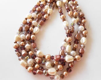 Four Strand Brown Pearl Necklace, Faceted Bead Accents