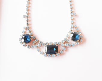 1950s Rhinestone Necklace with Blue Accents, Formal Necklace, After Five Jewelry, Jewelry Gift for Her