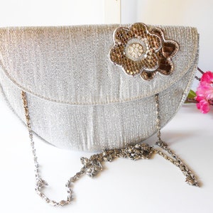 Vintage Silver Metallic Clutch Bag, Rhinestone Floral Evening Purse zdjęcie 3