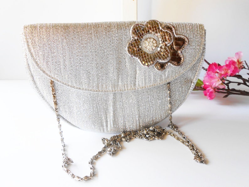 Vintage Silver Metallic Clutch Bag, Rhinestone Floral Evening Purse zdjęcie 3