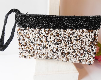 Vintage Beaded Evening Clutch Bag, Black White Wristlet Handbag