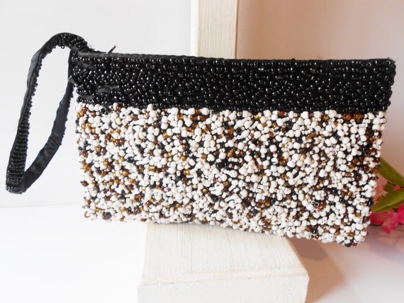 Beaded Evening Bag, Black White Handbag, Vintage Black White Bag, Beaded Clutch Bag,  Wristlet Handbag EB-0633