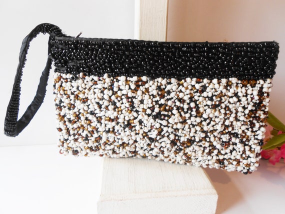 Beaded Evening Bag, Black White Handbag, Vintage … - image 1