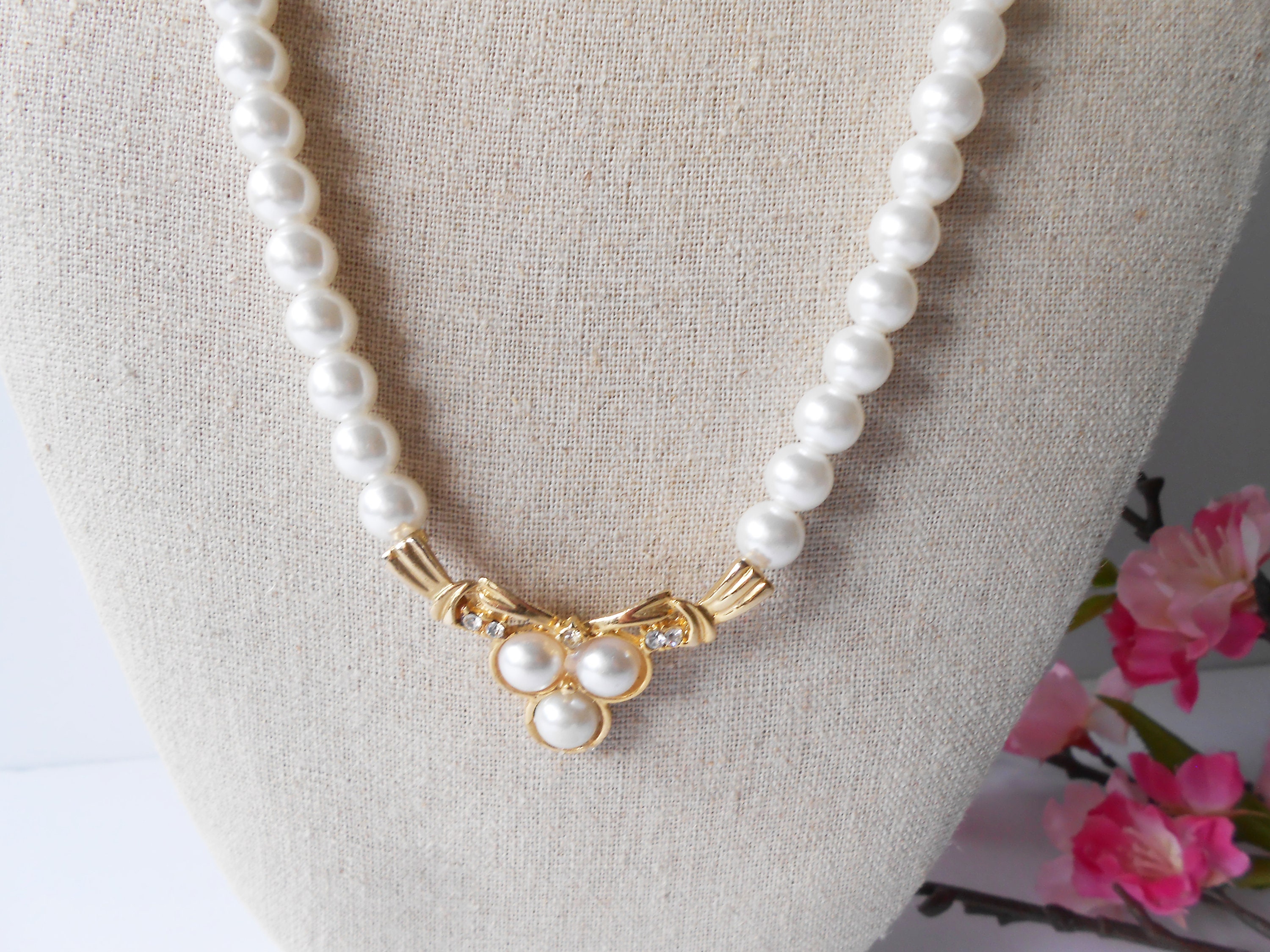 Vintage Pearl Necklace Pearl Rhinestone Drop, Single Strand