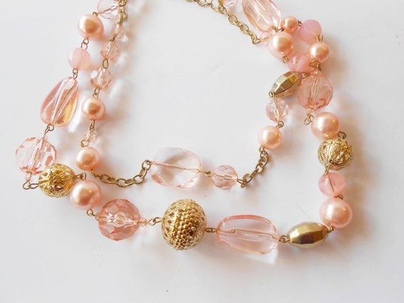 Vintage Pink Pearl Bead Necklace, Double Strand Necklace