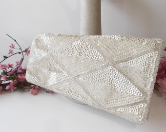 Vintage Beaded Wedding Purse, White Clutch EB-0732