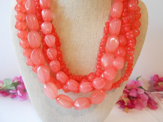 Watermelon Red Bead Necklace, 5 Strand Necklace, … - image 4