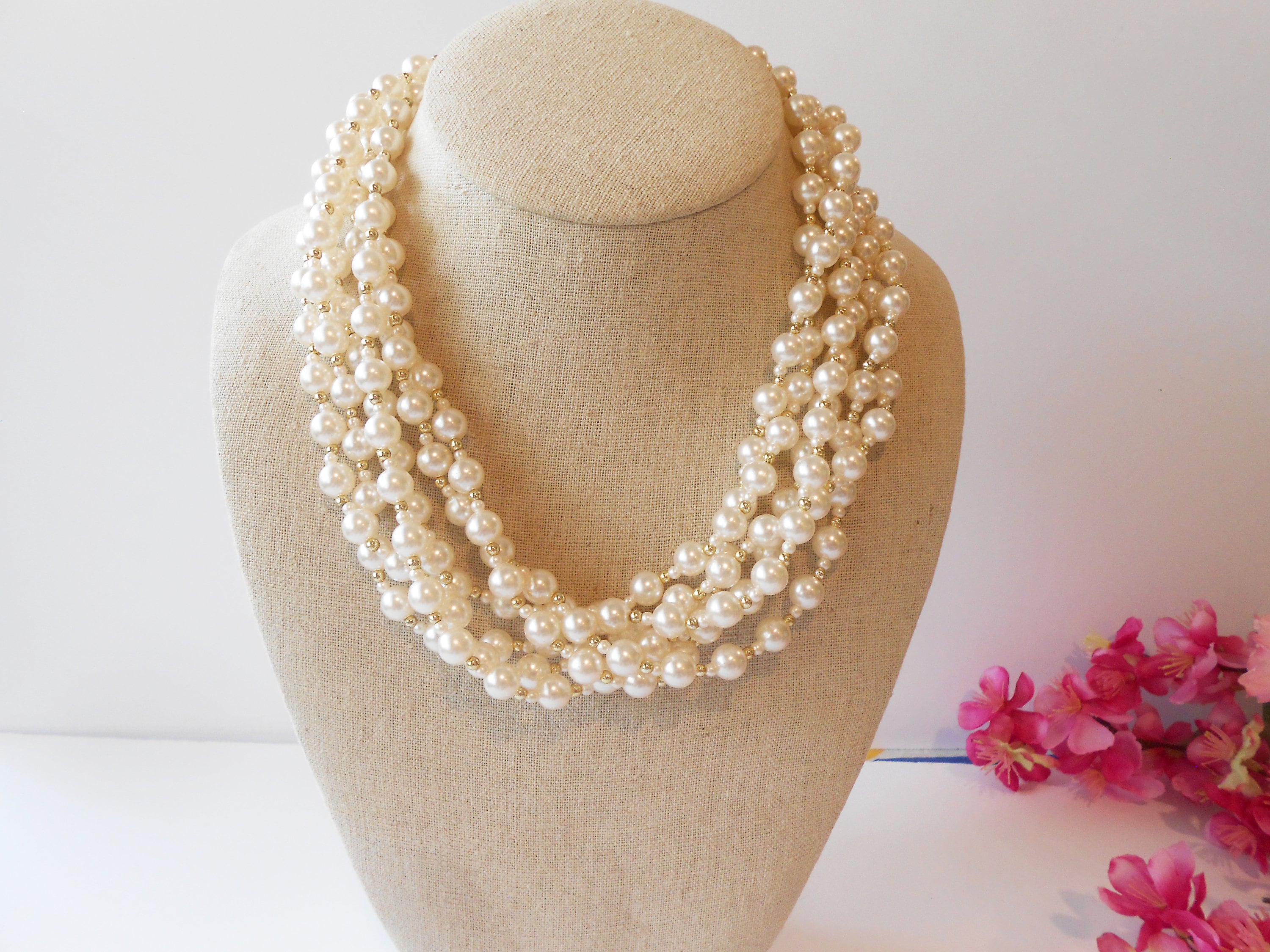 Faux Pearl Multi Strand Necklace, Gold Bead Accent - Etsy