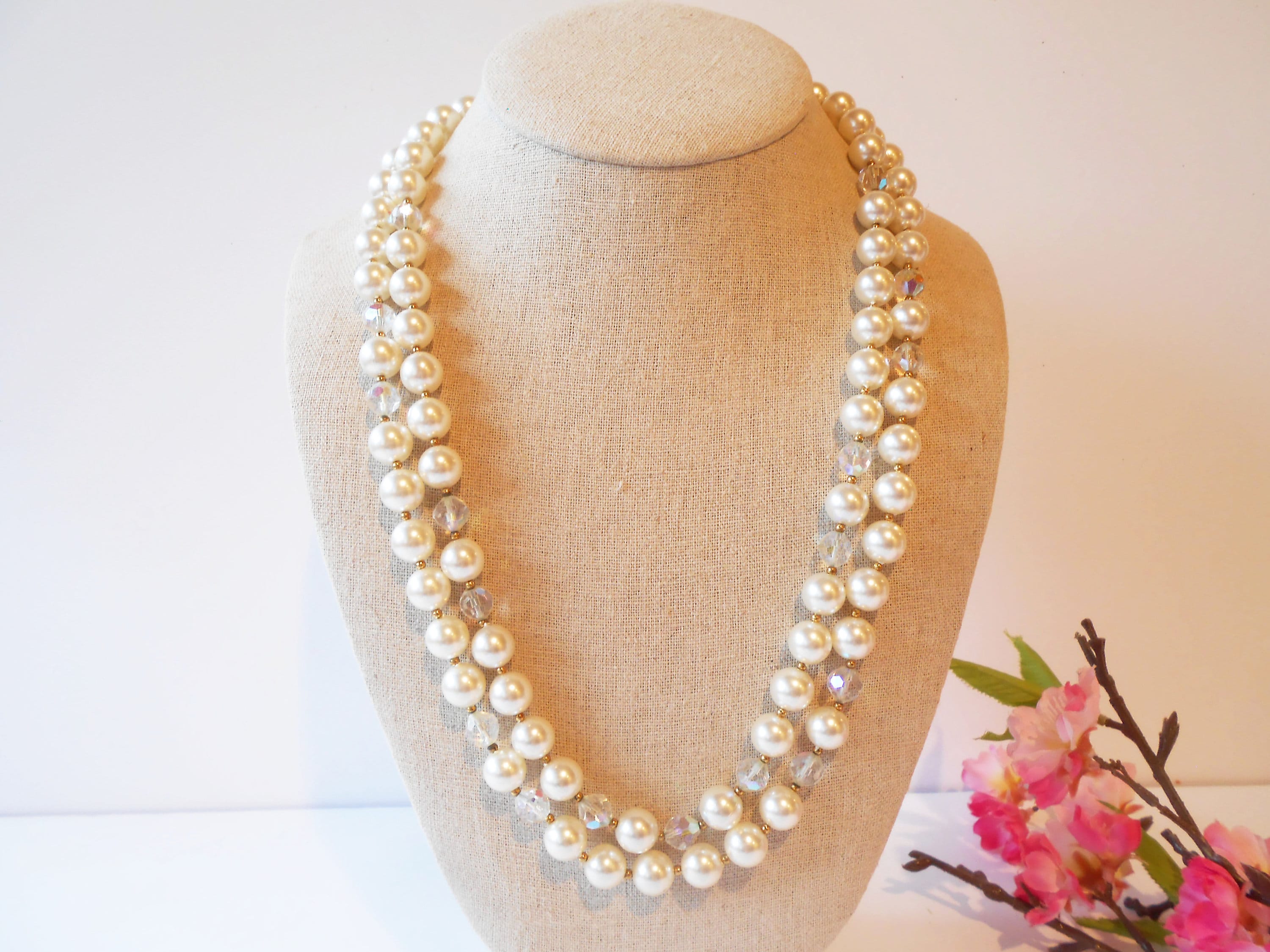 【VINTAGE HOLLYWOOD】Pearl n Crystal Beads Necklace Vintage Pearl Necklace, Pearl and Clear Faceted Beads