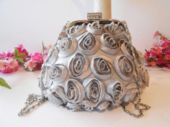 Grey Taffeta Evening Bag Rhinestones, Floral Desi… - image 2