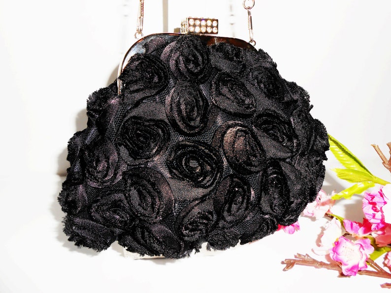 Floral Design Rhinestone Trim EB-0114 Vintage Black Evening Bag