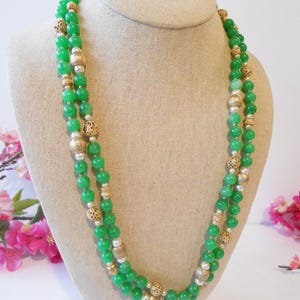 Vintage Green Bead Necklace, Shiny Green Beads Gold Filigree, Double Strand Jewel Tone Beads, Girlfriend Gift, Jewelry Gift for Her