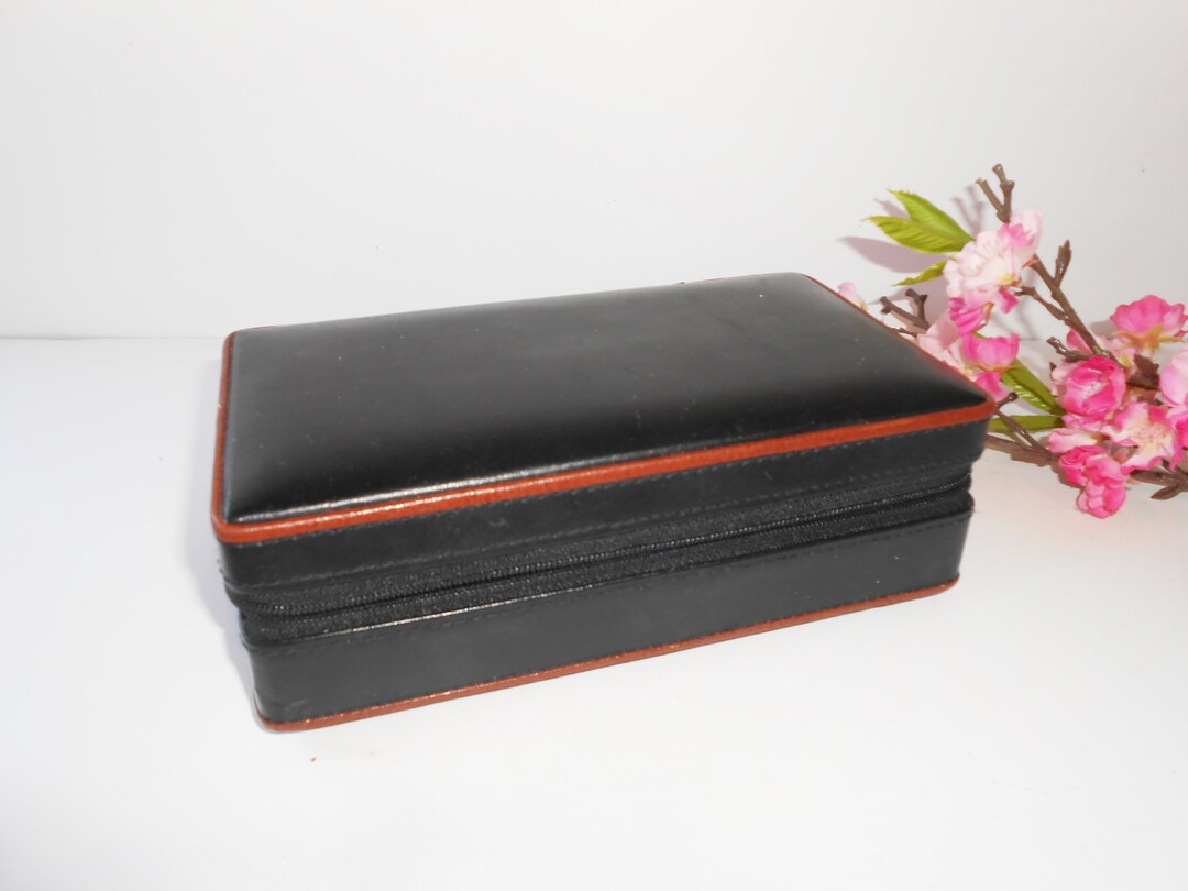 Vintage Travel Jewelry Case Black Leather Zip Case Travel Etsy