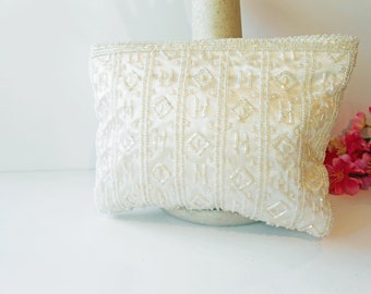 White Beaded Wedding Clutch, Iridescent Pearls, Satin Bridal Handbag