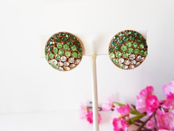 Vintage Green Rhinestone Earrings, Glamorous Gree… - image 1