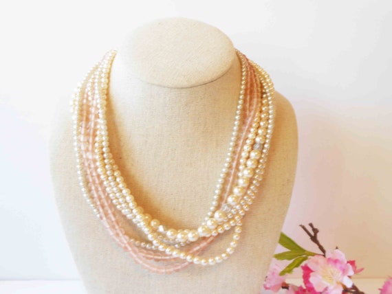 Pearl Necklace Blush Pink Beads, Vintage 80's Pea… - image 3