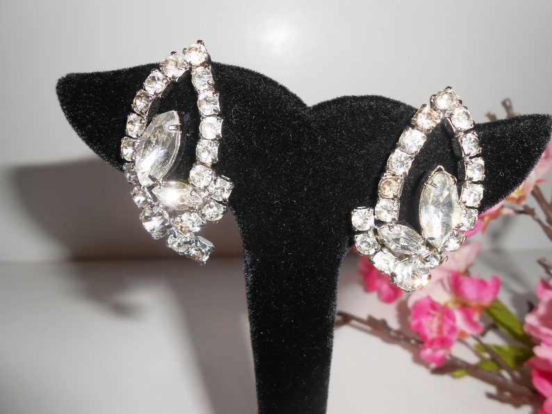 Vintage Rhinestone Earrings, Glamorous Statement Earrings, Clip-On, Jewelry Gift for Her image 1