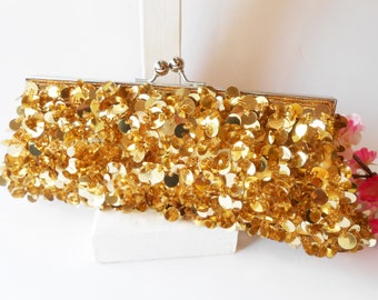 Stunning Gold Beaded Evening Bag, Sparkly Beaded Party Accessory, Vintage Special Occasion Bag, Cocktail Purse,  EB-0444