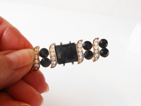 Vintage Rhinestone Black Brooch, Sparkly Bar Pin,… - image 4