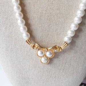 Vintage Pearl Necklace Pearl Rhinestone Drop, Single Strand Pearl Beads, Holiday Jewelry Gift, Jewelry Gift for Her