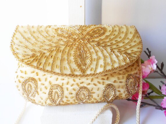 Vintage Gold Beaded Evening Bag, Beaded Clutch EB… - image 2