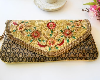 Vintage Gold Black Evening Clutch, Embroidery Gold Beading Bag EB-0385