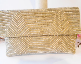 Vintage Mocha Beaded Clutch Bag, Silver Beading EB-0782