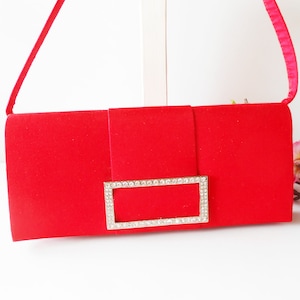Vintage Red Evening Bag, Rhinestone Trim, Holiday Clutch Bag, Special Occasion, After Five, Formal EB-0705